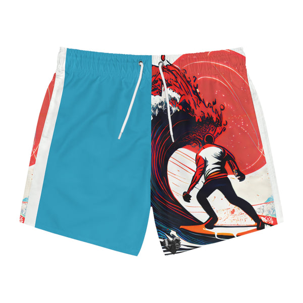 Crafted with LOVE for the Beach Surfing the Tsunami Swim Trunks Printify
