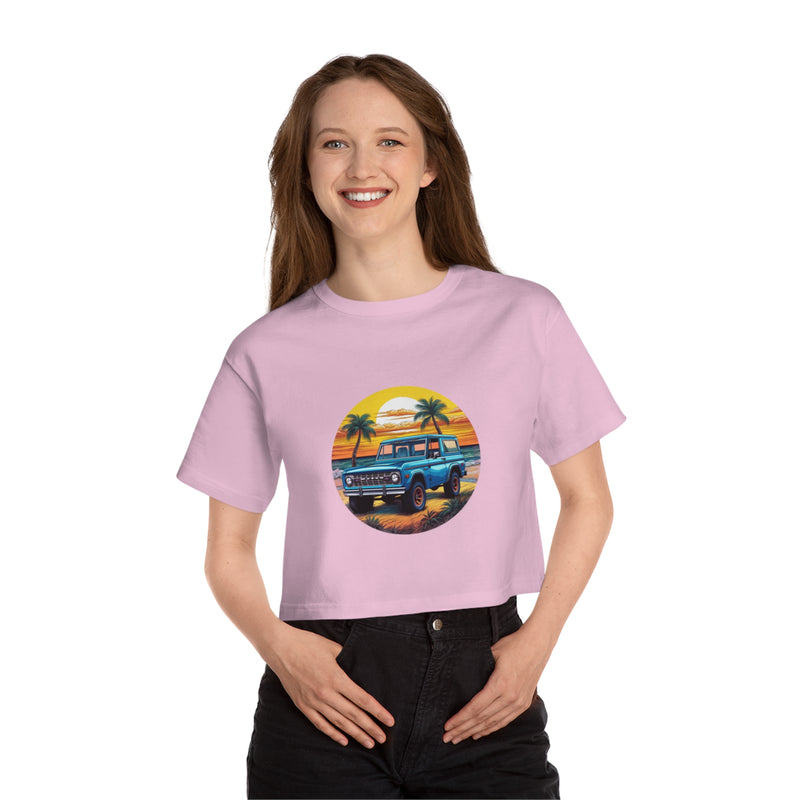 Crafted with LOVE for the Beach Bronco in sand Women's Cropped T-Shirt Printify