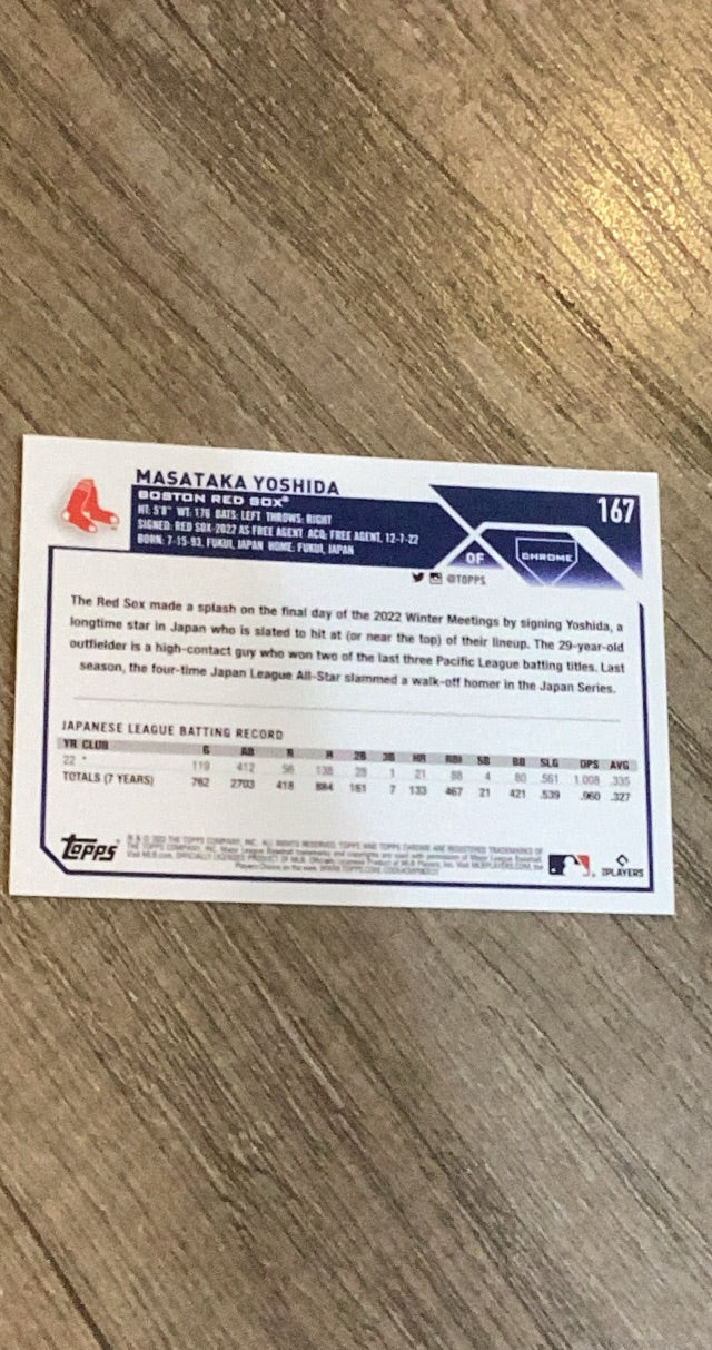 Masataka Yoshida Boston Red Sox MLB 2023 Topps Chrome 167 RC trading card Topps