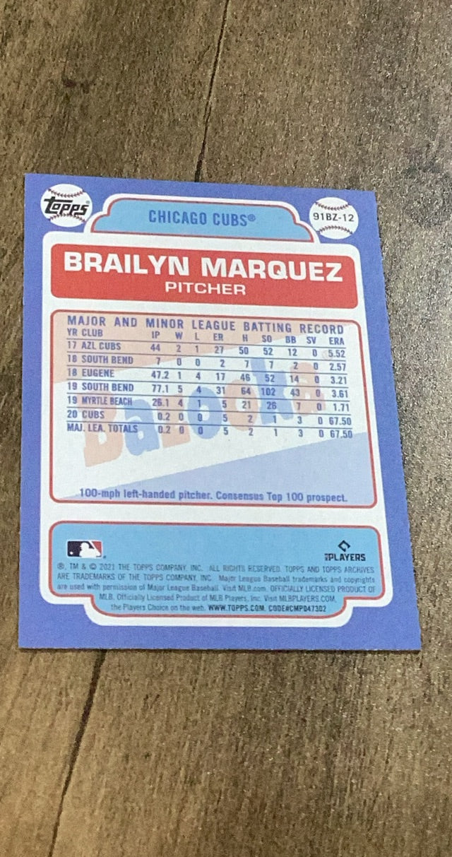 Brailyn Marquez MLB Chicago Cubs 2021 Topps Archives - 1991 Topps Bazooka Shining Stars 91BZ-12 RC Insert Trading Card Topps