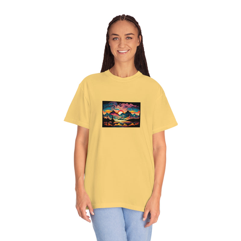 Crafted with LOVE for Landscapes Psychedelic Sunset Unisex Garment-Dyed T-shirt Printify