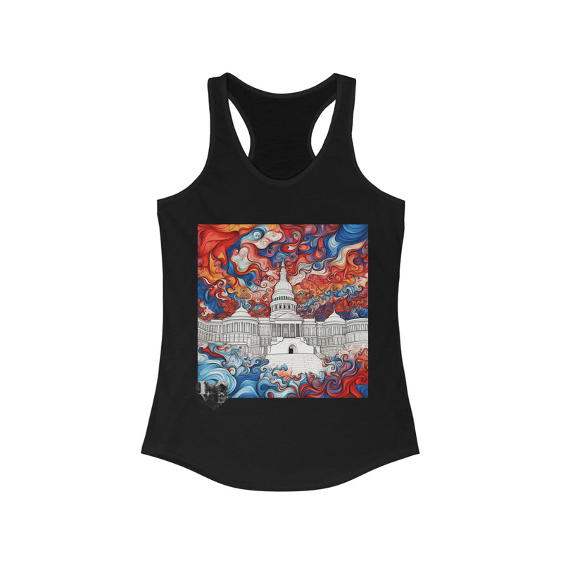 Women's Ideal Racerback Tank - Psychedelic Art Capital in Red White and Blue Printify