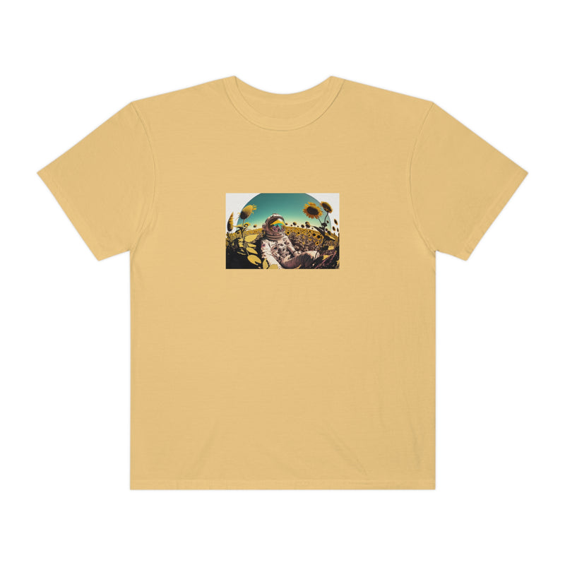Crafted with LOVE for Far Out Spaceman in field of Sunflowers Unisex Garment-Dyed T-shirt Printify