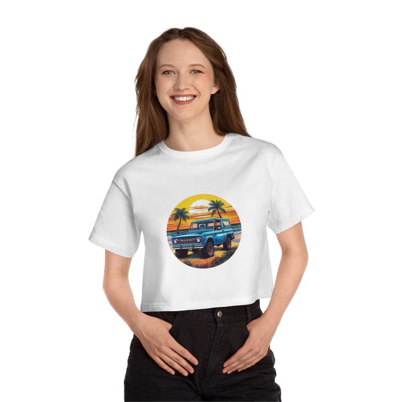 Crafted with LOVE for the Beach Bronco in sand Women's Cropped T-Shirt Printify