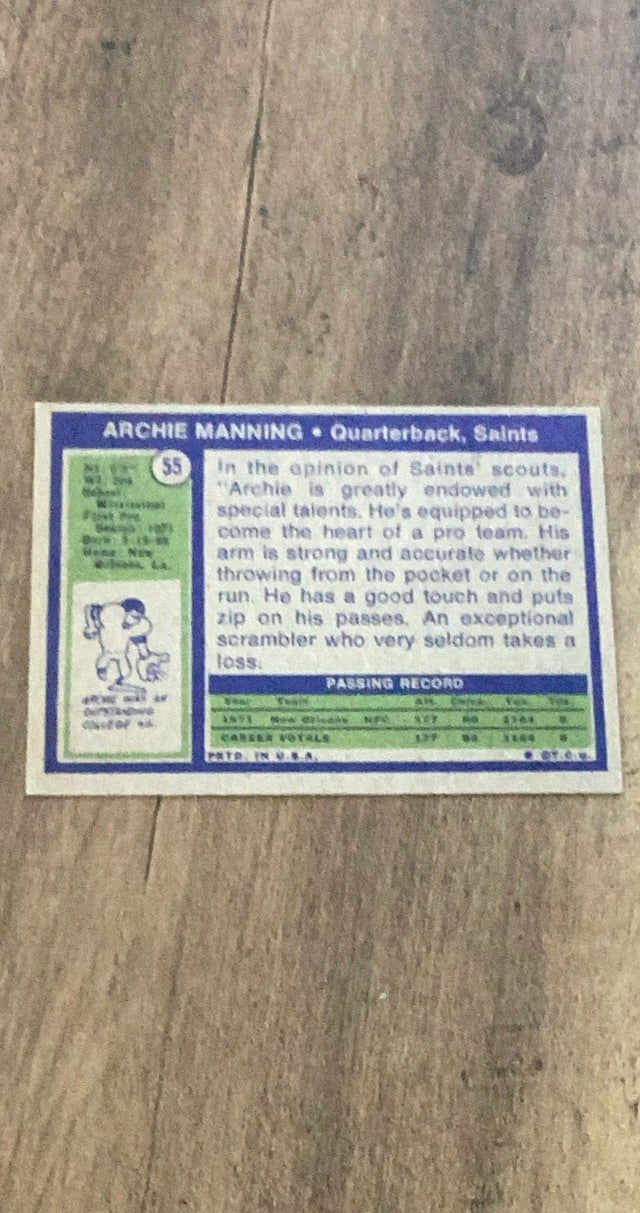 Archie Manning 1972 Topps 55 trading card image rear