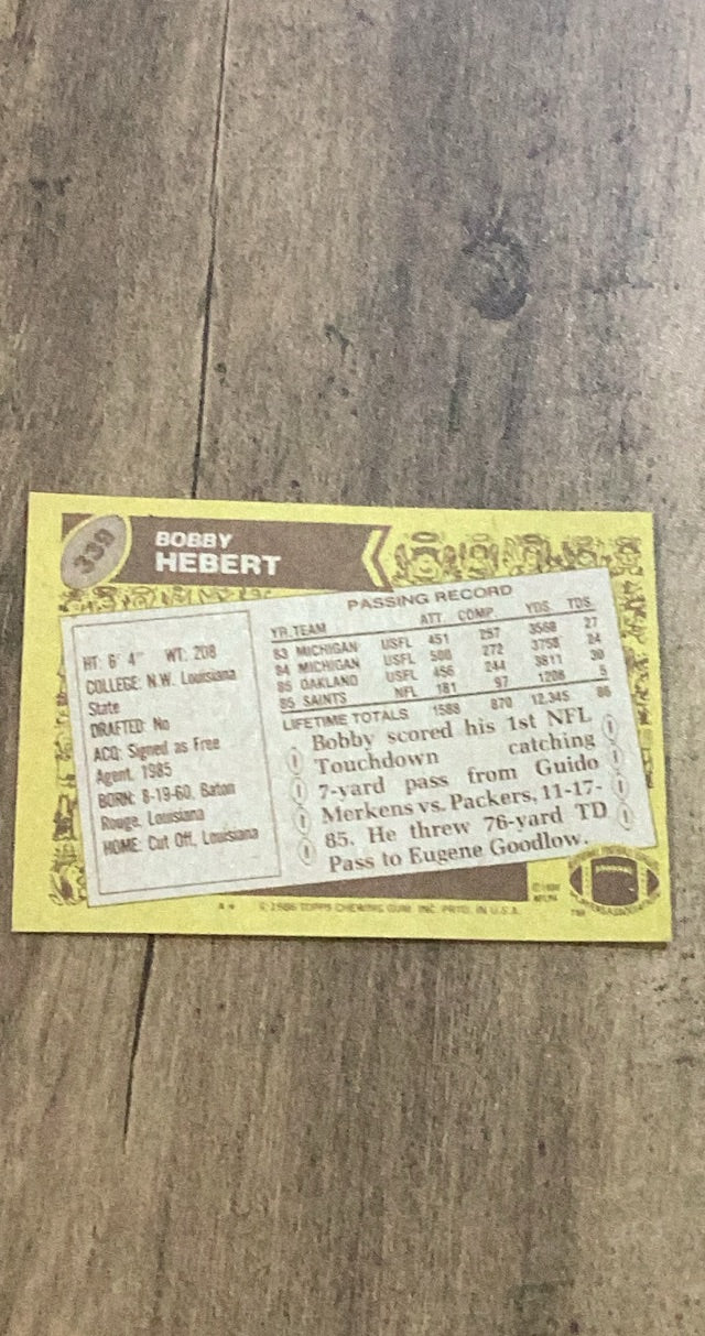 Bobby Hebert 1986 Topps 339 trading card image rear