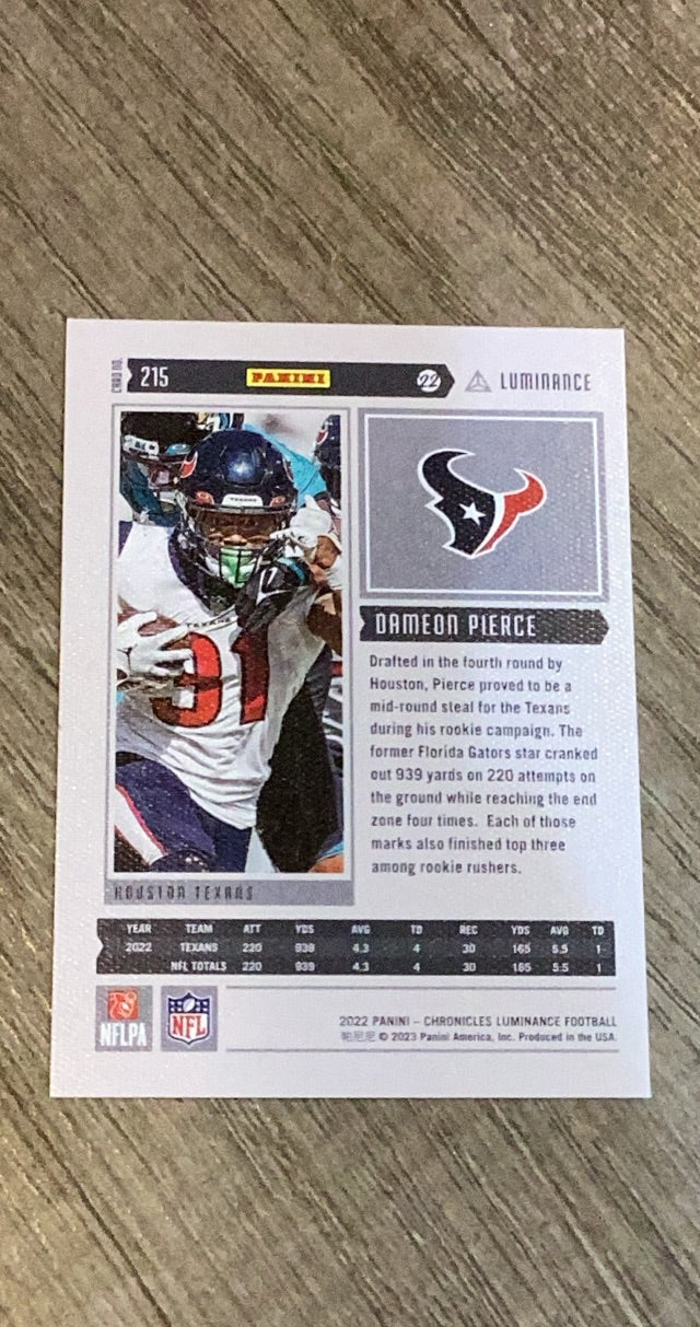 Dameon Pierce 2022 Panini Chronicles - Luminance Update Rookies Pink 215 trading card image rear