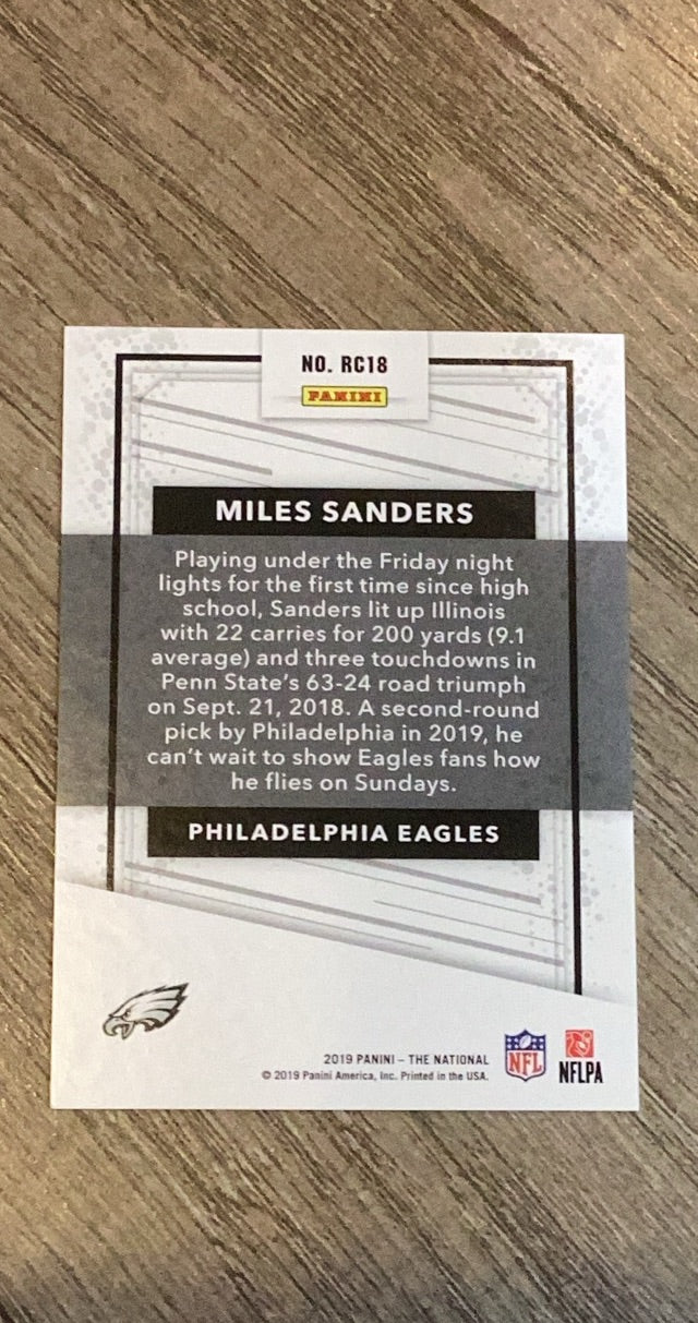 Miles Sanders 2019 Panini The National - Rookies Rainbow Spokes RC18 trading card image rear