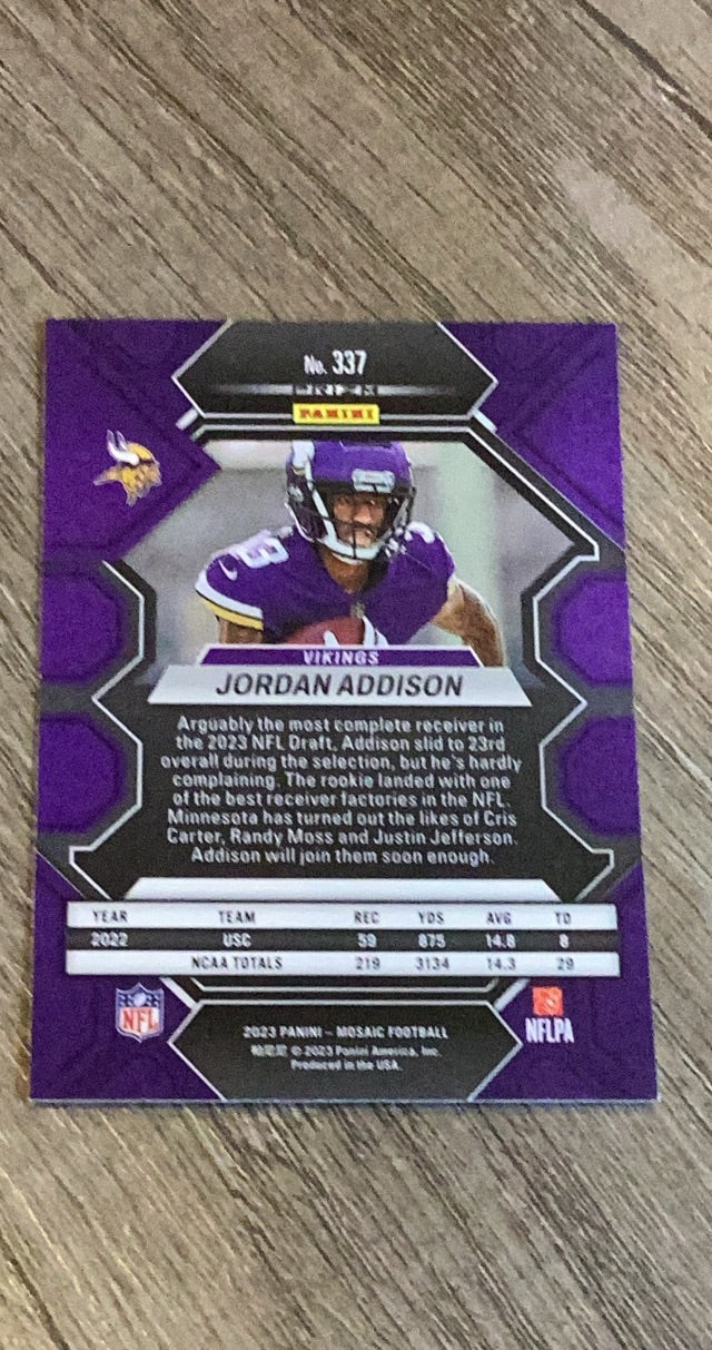Jordan Addison 2023 Panini Mosaic 337 trading card image rear