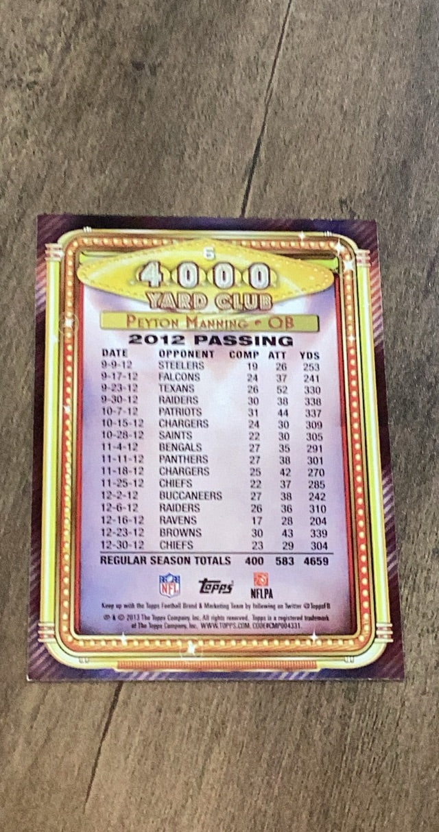 Peyton Manning 2013 Topps - 4000 Yard Club 6 trading card image rear