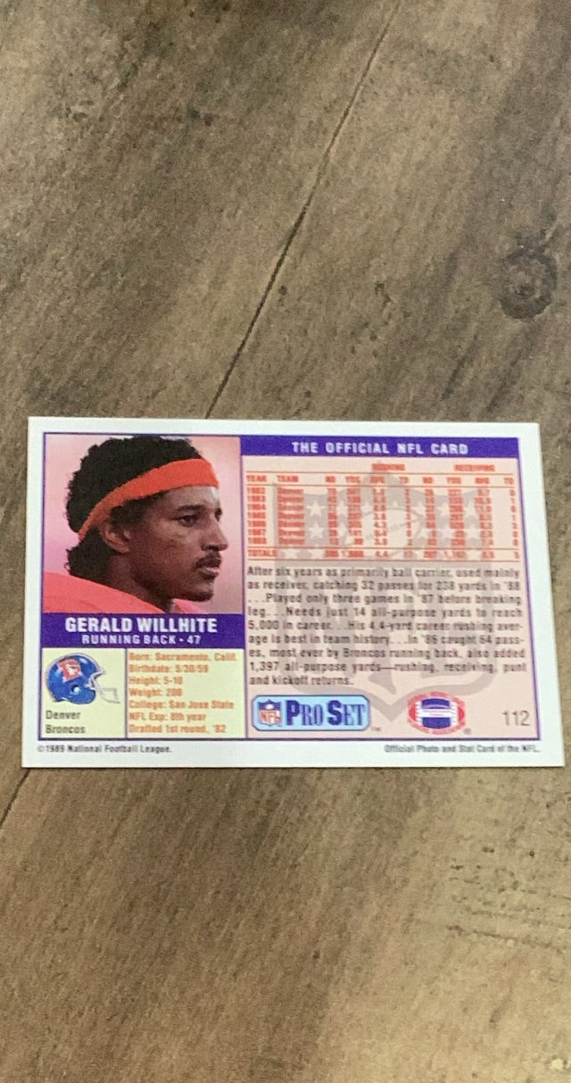 Gerald Willhite 1989 Pro Set 112 trading card image rear