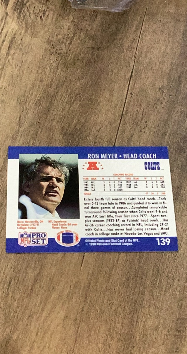 Ron Meyer 1990 Pro Set 139 trading card image rear