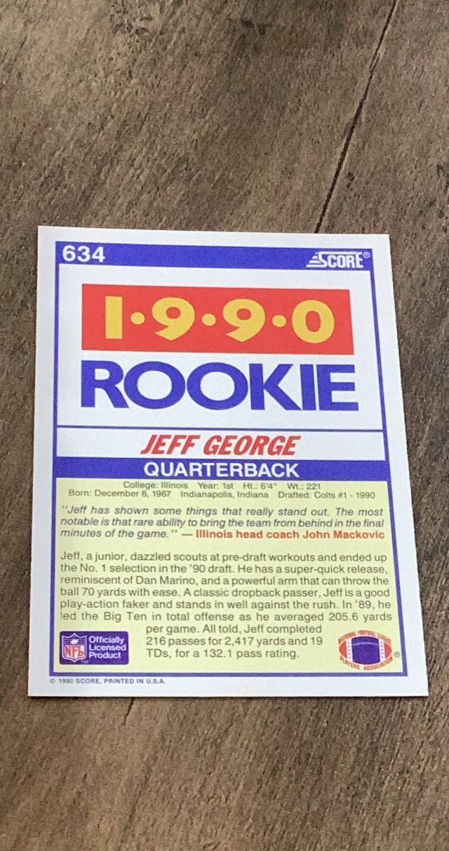 Jeff George 1990 Score 634 trading card image rear