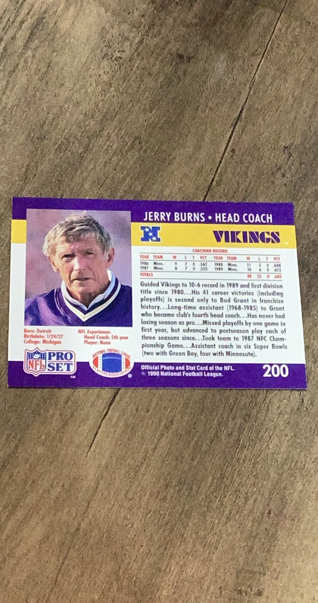 Jerry Burns 1990 Pro Set 200 trading card image rear