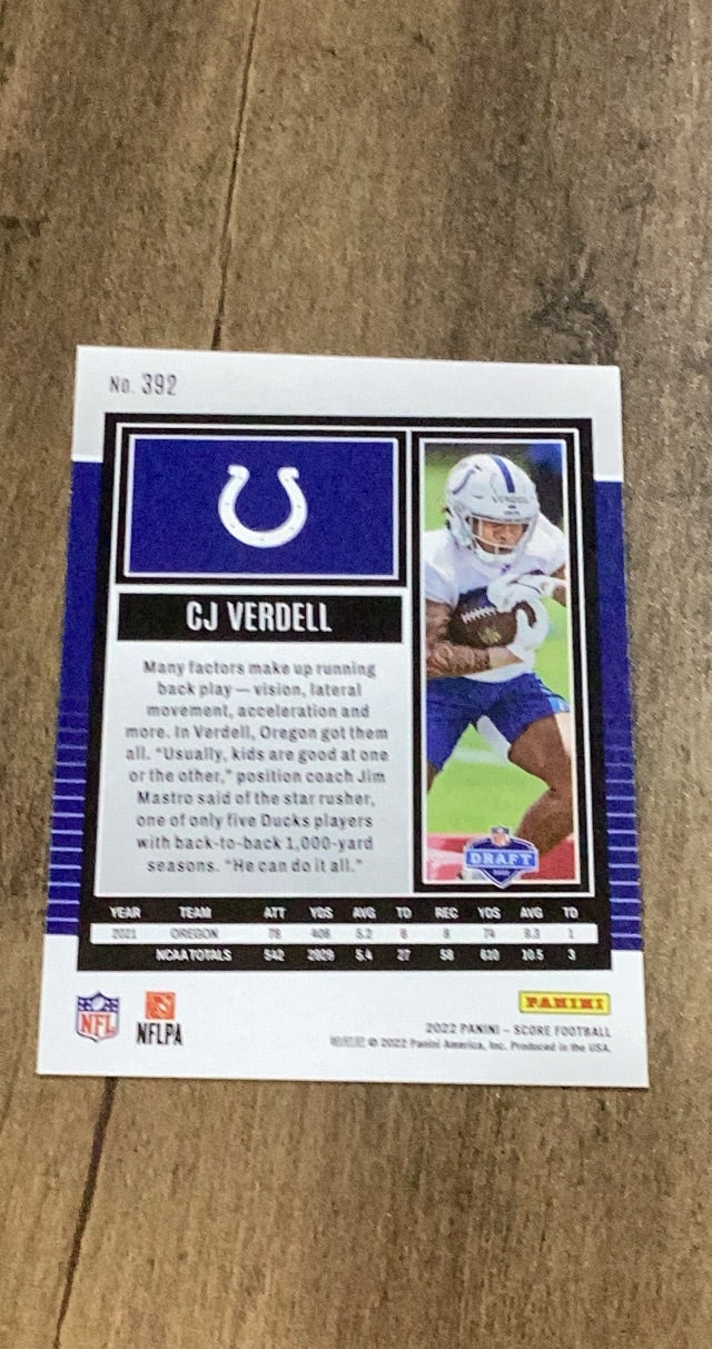CJ Verdell 2022 Score 392 trading card image rear