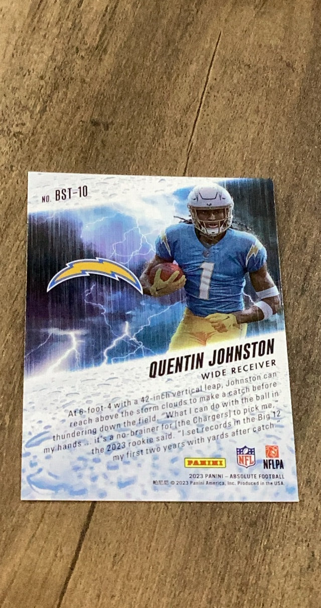 Quentin Johnston 2023 Panini Absolute - By Storm BST-10 trading card image rear