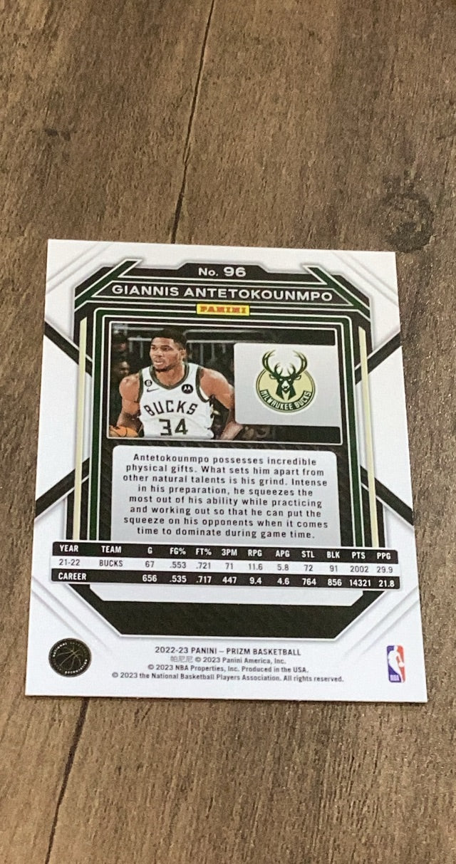 Giannis Antetokounmpo 2022-23 Panini Prizm 96 trading card image rear