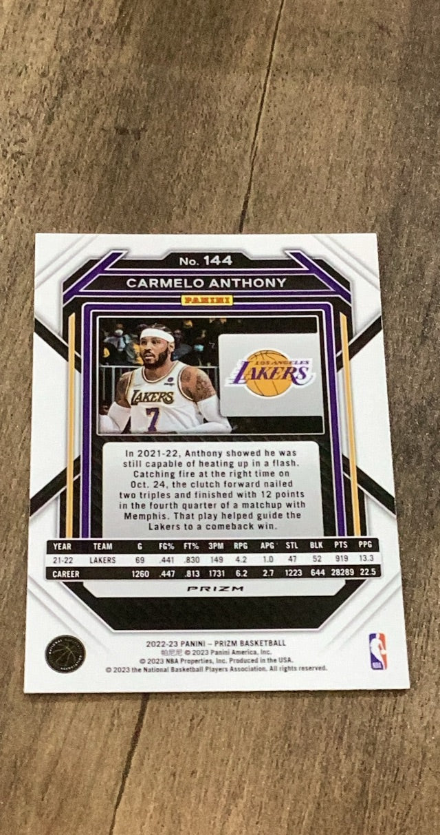Carmelo Anthony 2022-23 Panini Prizm - Prizms Red Ice 144 trading card image rear