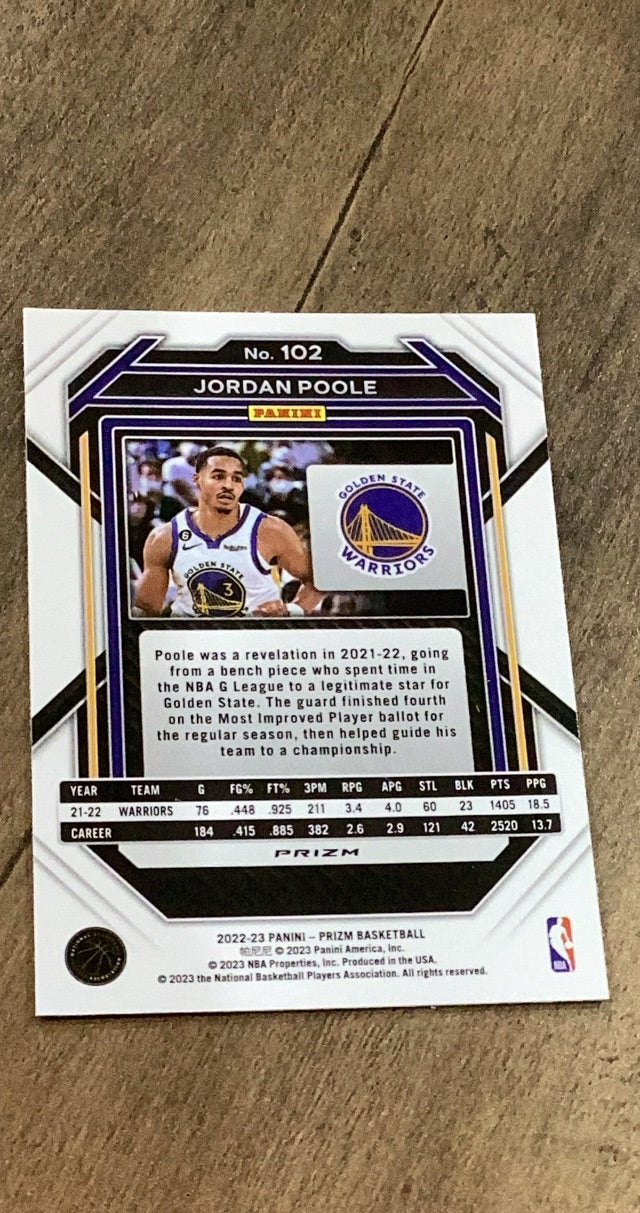 Jordan Poole 2022-23 Panini Prizm - Prizms Red Ice 102 trading card image rear