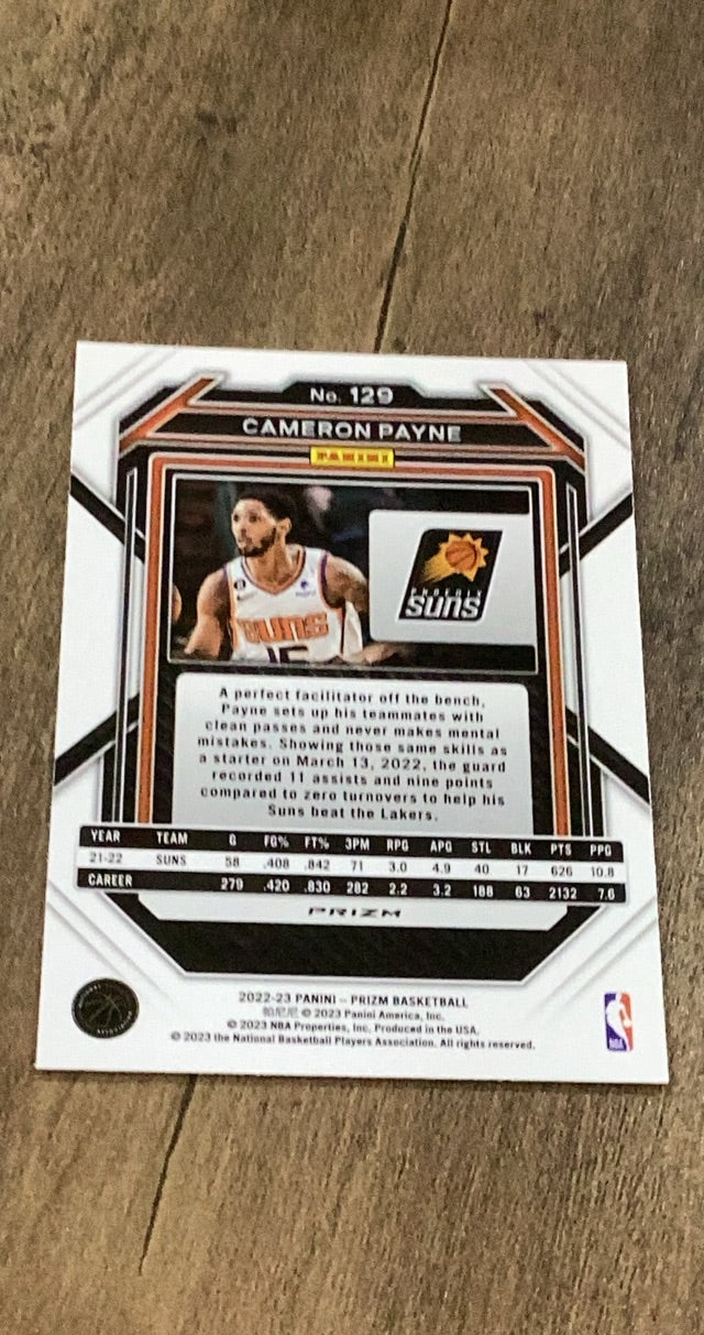 Cameron Payne 2022-23 Panini Prizm - Prizms Red Ice 129 trading card image rear