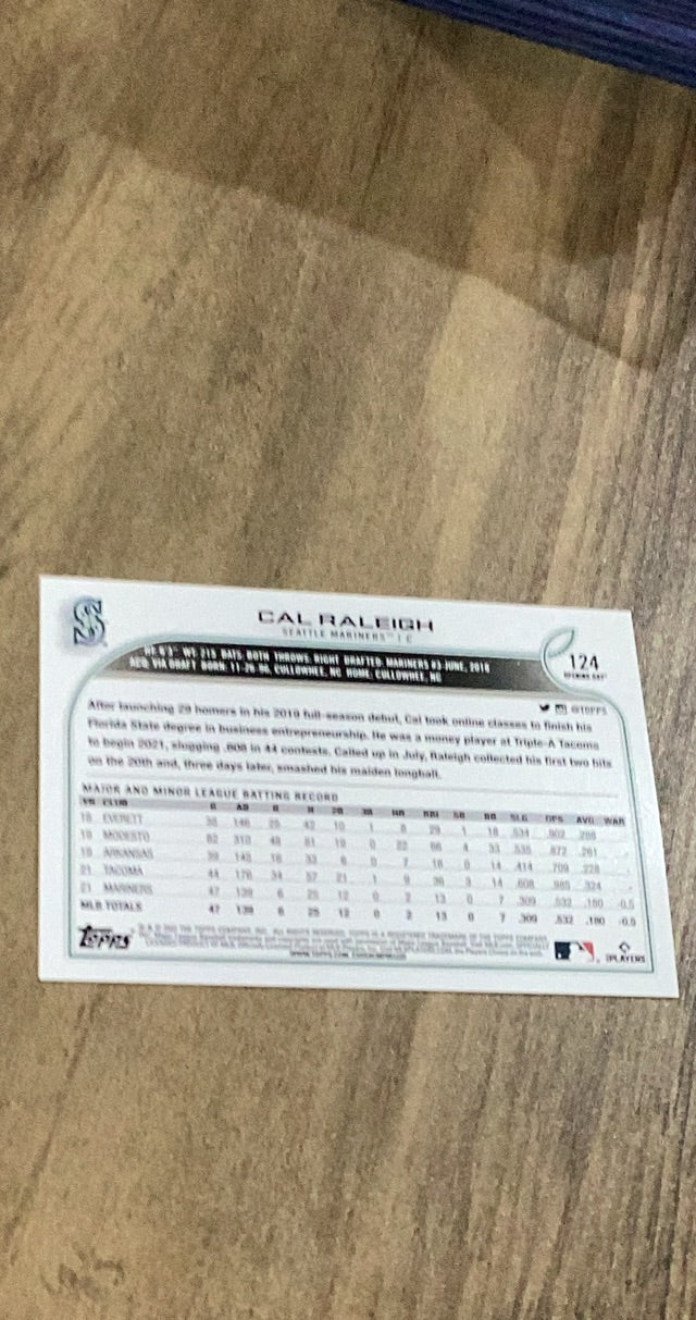 Cal Raleigh 2022 Topps Opening Day 124 trading card image rear
