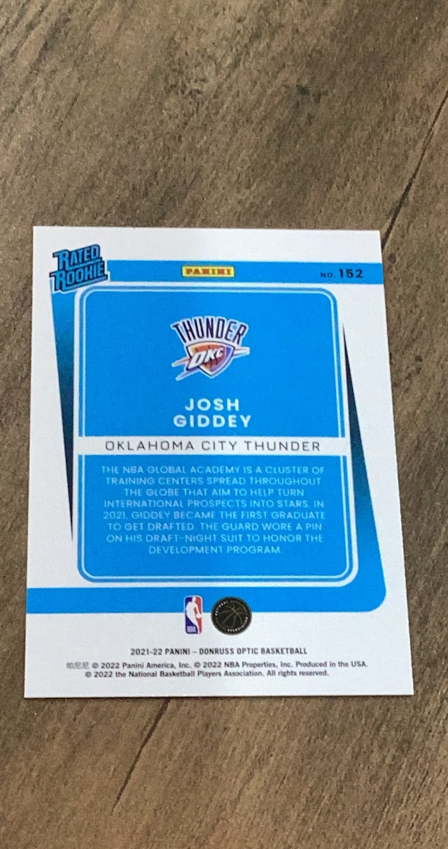 Josh Giddey 2021-22 Donruss Optic 152 trading card image rear
