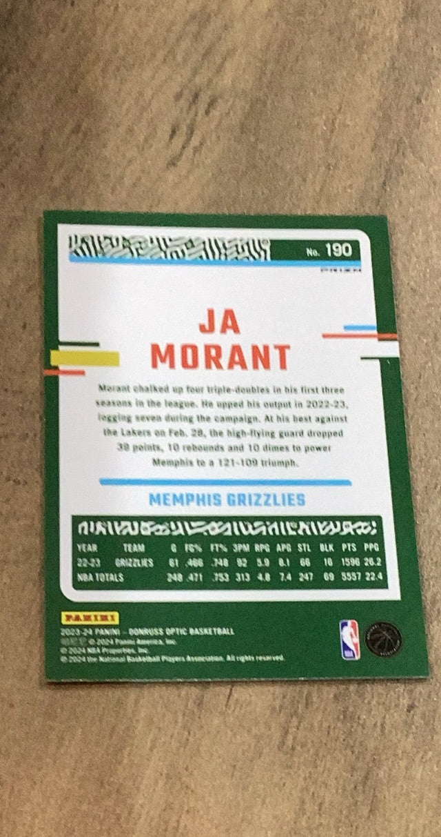 Ja Morant 2023-24 Donruss Optic - Hyper Pink 190 trading card image rear