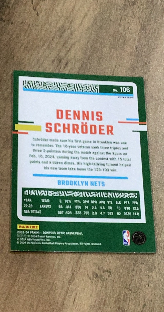 Dennis Schroder 2023-24 Donruss Optic - Hyper Pink 106 trading card image rear