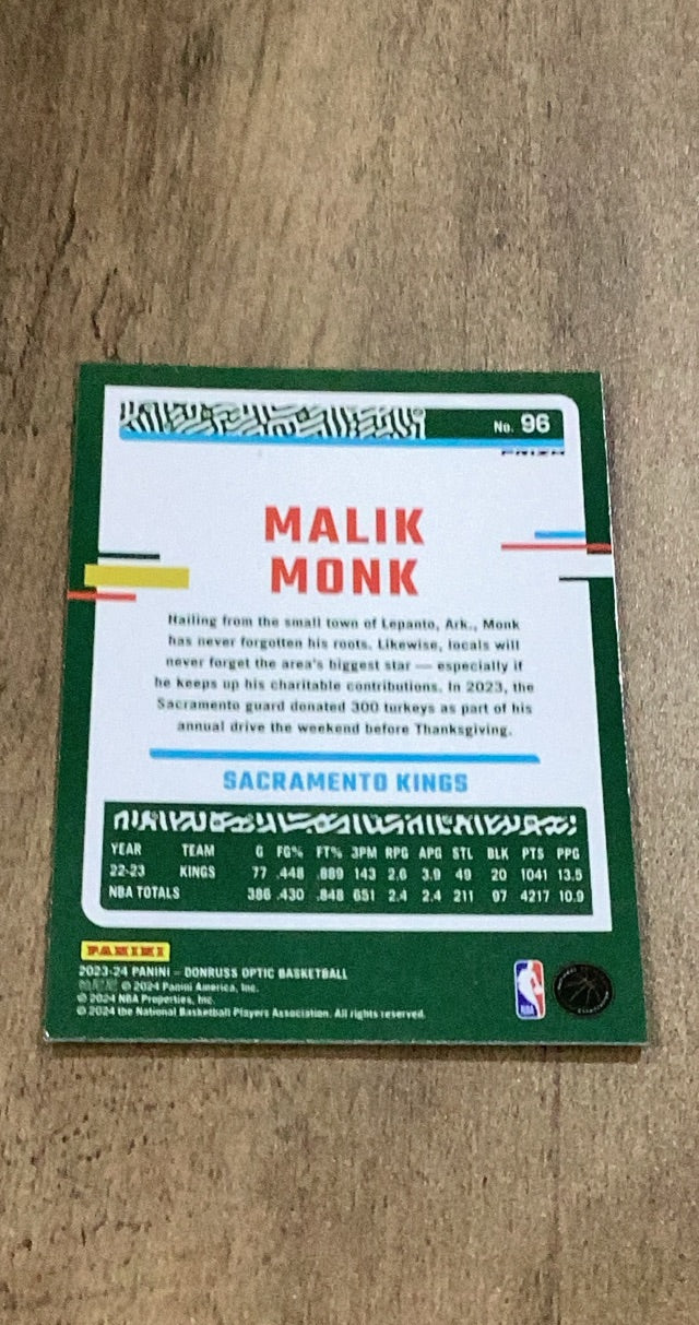 Malik Monk 2023-24 Donruss Optic - Hyper Pink 96 trading card image rear