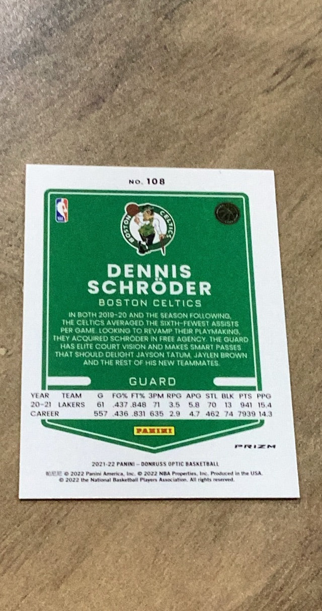 Dennis Schroder 2021-22 Donruss Optic - Blue Velocity 108 trading card image rear