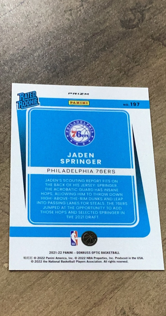 Jaden Springer 2021-22 Donruss Optic - Blue Velocity 197 trading card image rear