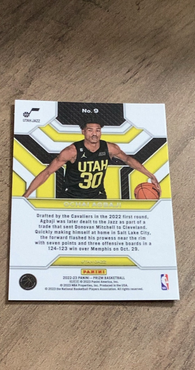 Ochai Agbaji 2022-23 Panini Prizm - Emergent 9 trading card image rear