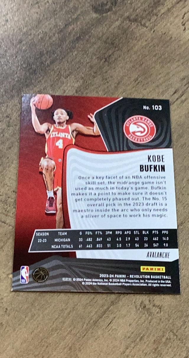 Kobe Bufkin 2023-24 Panini Revolution - Avalanche 103 trading card image rear
