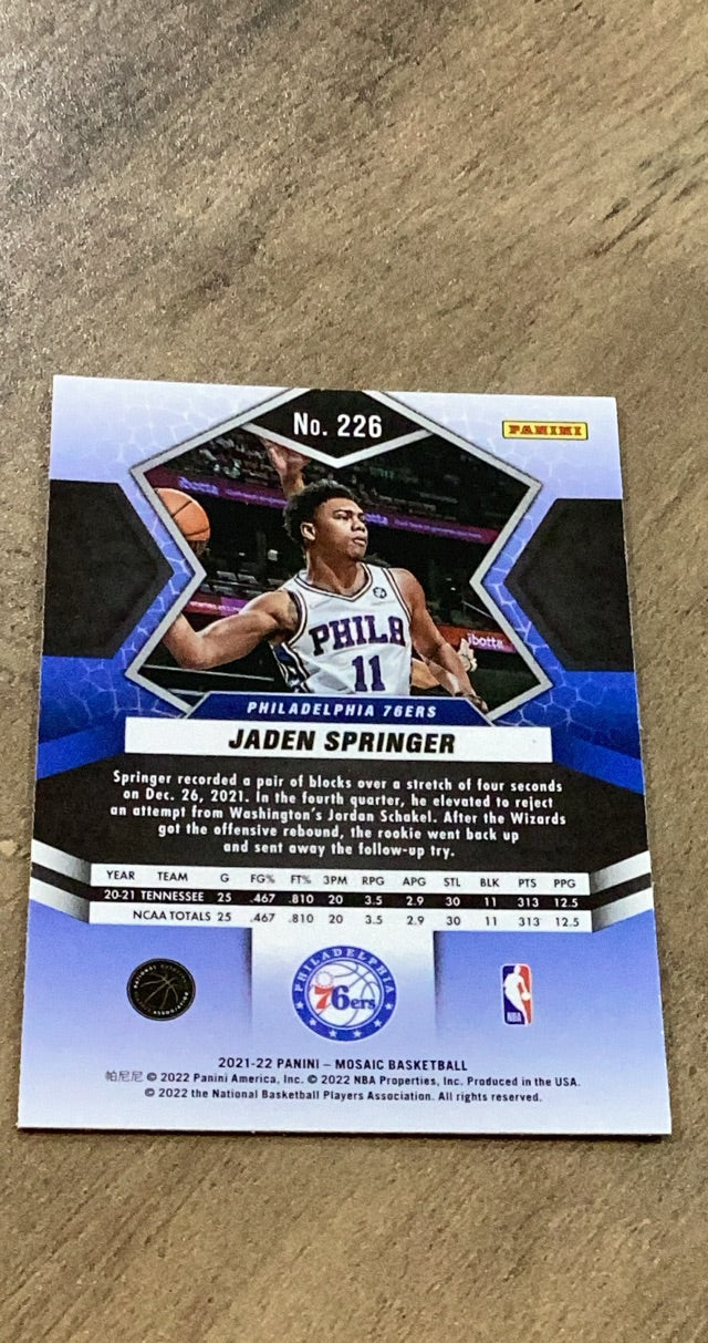 Jaden Springer 2021-22 Panini Mosaic 226 trading card image rear