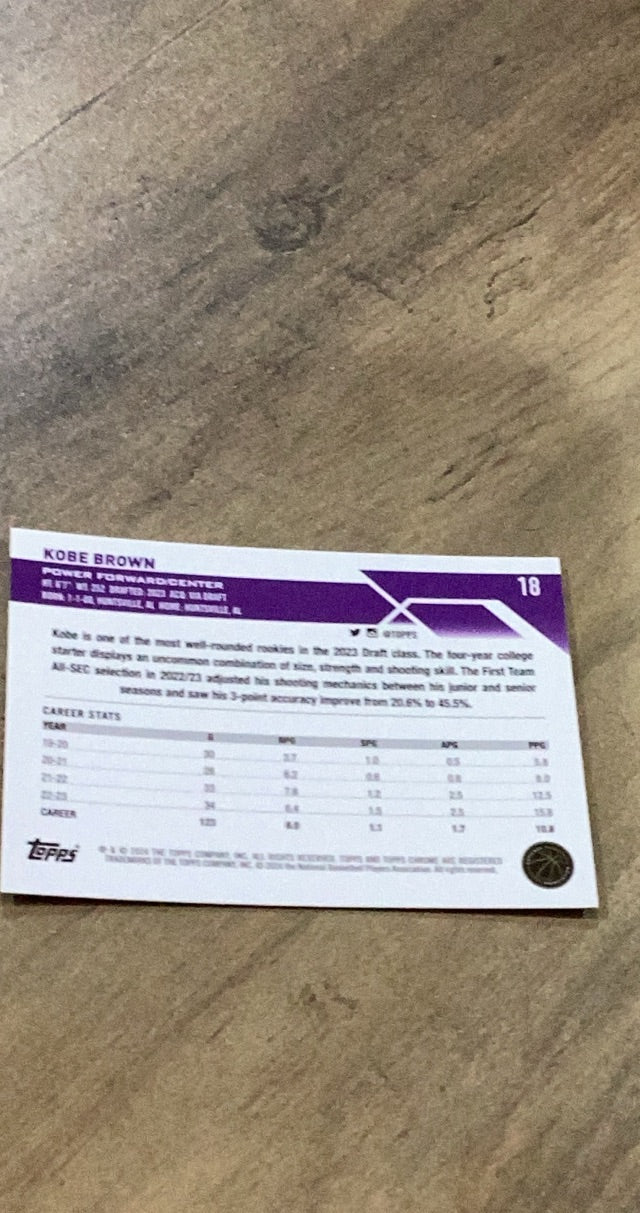 Kobe Brown 2023-24 Topps Chrome 18 trading card image rear