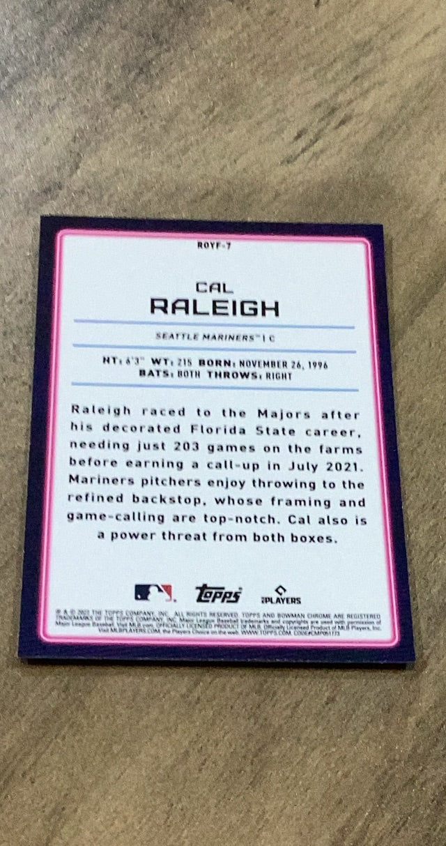 Cal Raleigh 2022 Bowman - Rookie of the Year Favorites Mojo Refractors ROYF-7 trading card image rear