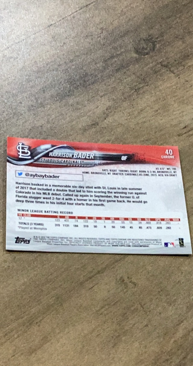 Harrison Bader 2018 Topps Chrome 40 trading card image rear