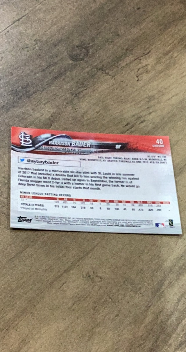 Harrison Bader 2018 Topps Chrome - Prism Refractor 40 trading card image rear