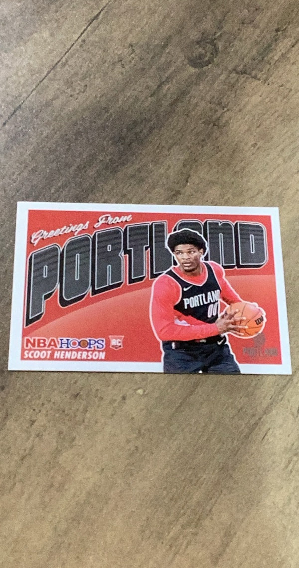 Scoot Henderson 2023-24 Panini Hoops - Rookie Greetings 3 trading card image front