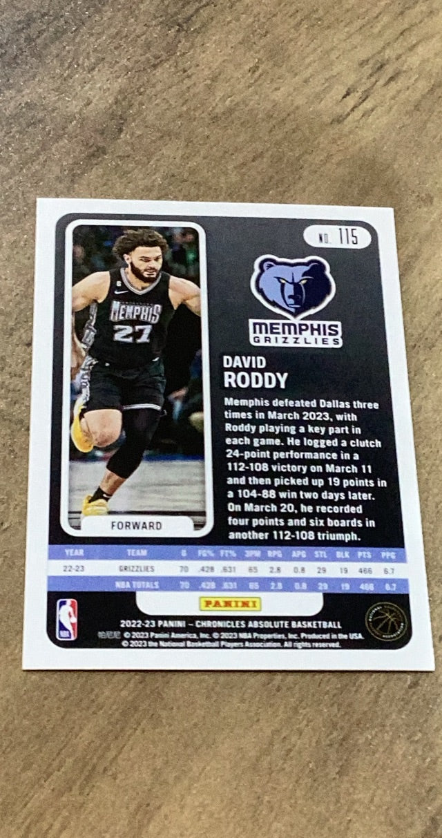 David Roddy 2022-23 Panini Chronicles Absolute 115 trading card image rear
