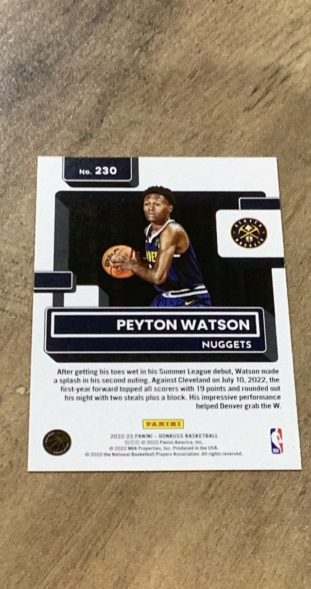 Peyton Watson 2022-23 Panini Donruss 230 trading card image rear