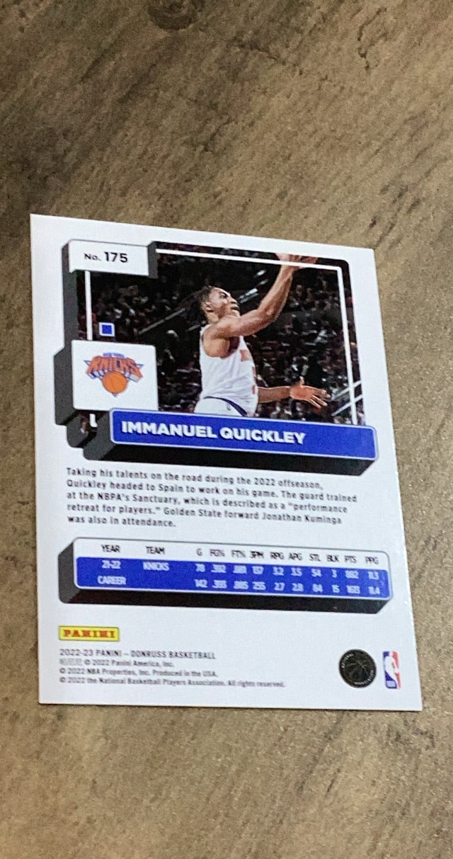 Immanuel Quickley 2022-23 Panini Donruss - Holo Laser Green 175 trading card image rear