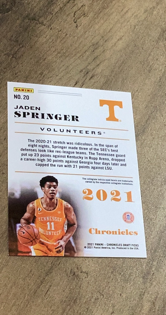 Jaden Springer 2021 Panini Chronicles Draft Picks 20 trading card image rear