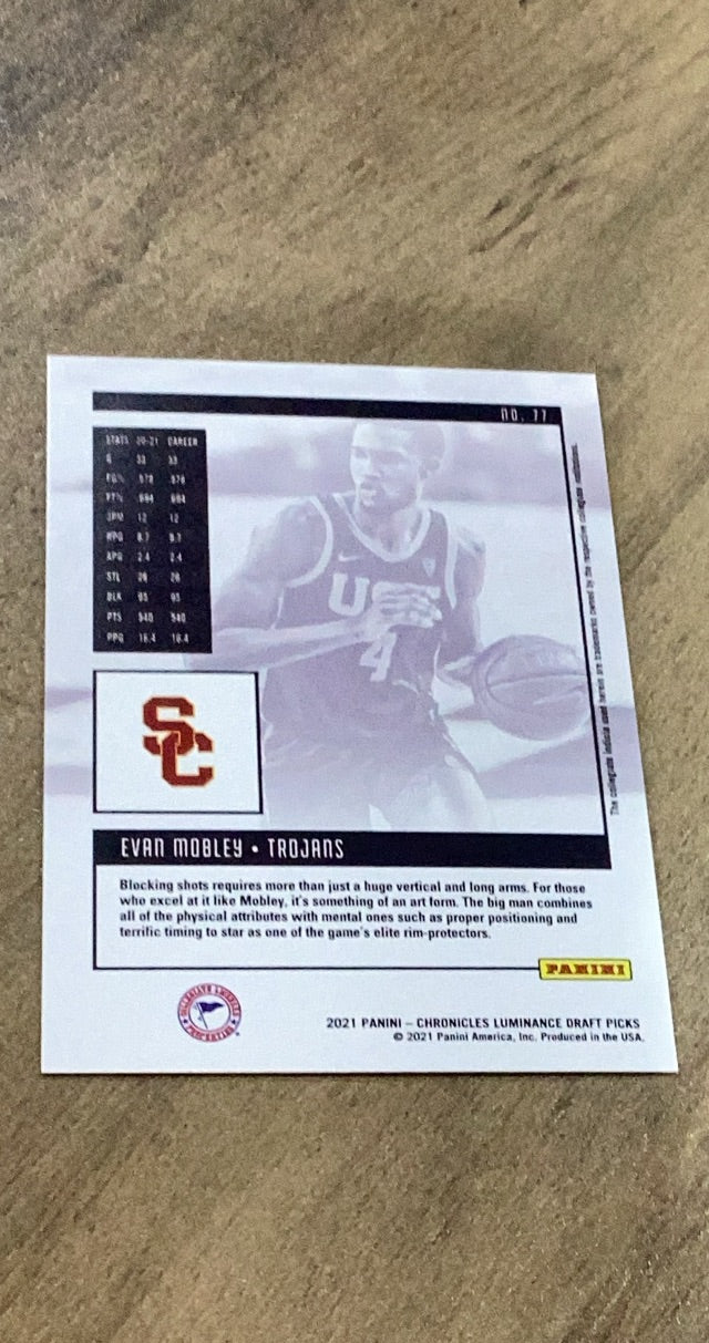 Evan Mobley 2021 Panini Chronicles Luminance Draft Picks 77 trading card image rear