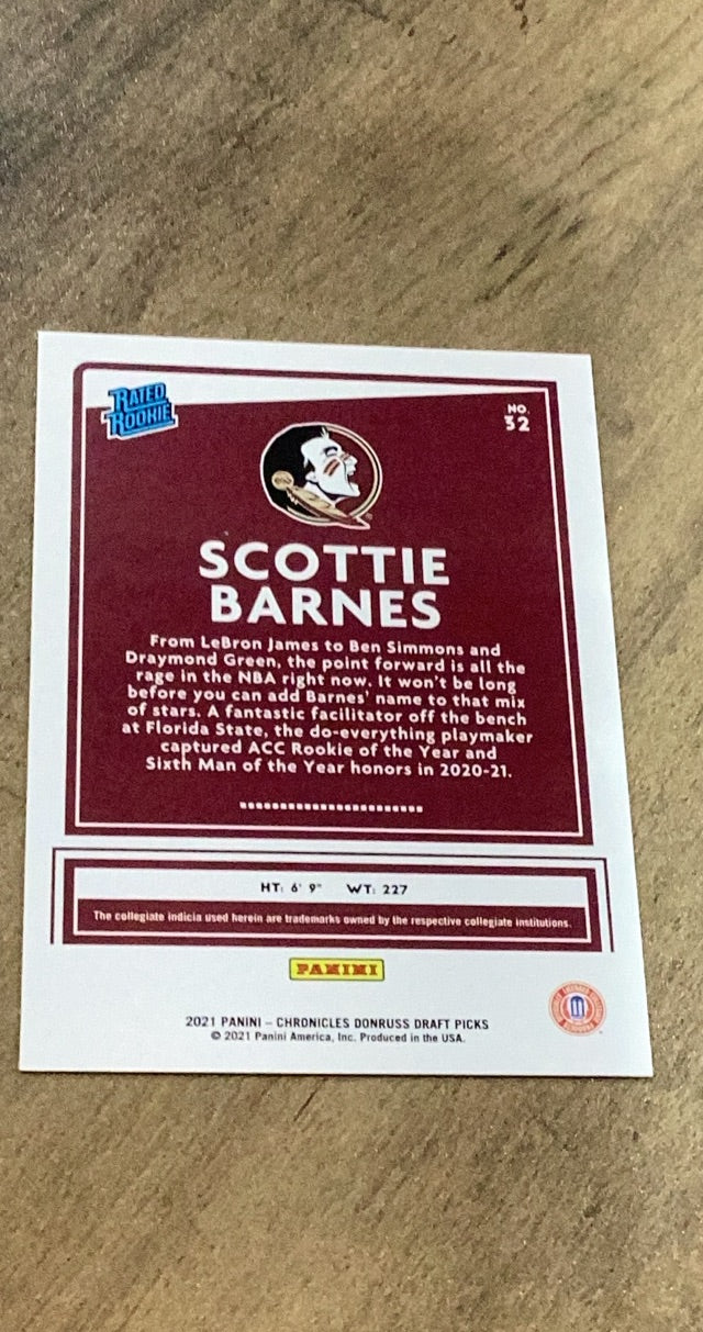 Scottie Barnes 2021 Panini Chronicles Donruss Draft Picks Bronze 32 trading card image rear