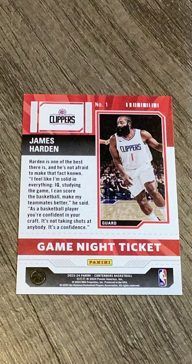 James Harden 2023-24 Panini Contenders Game Night Ticket 1 trading card image rear