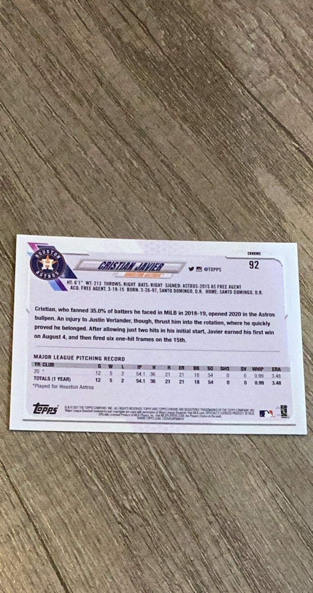 Cristian Javier 2021 Topps Chrome Prism Refractor 92 trading card image rear