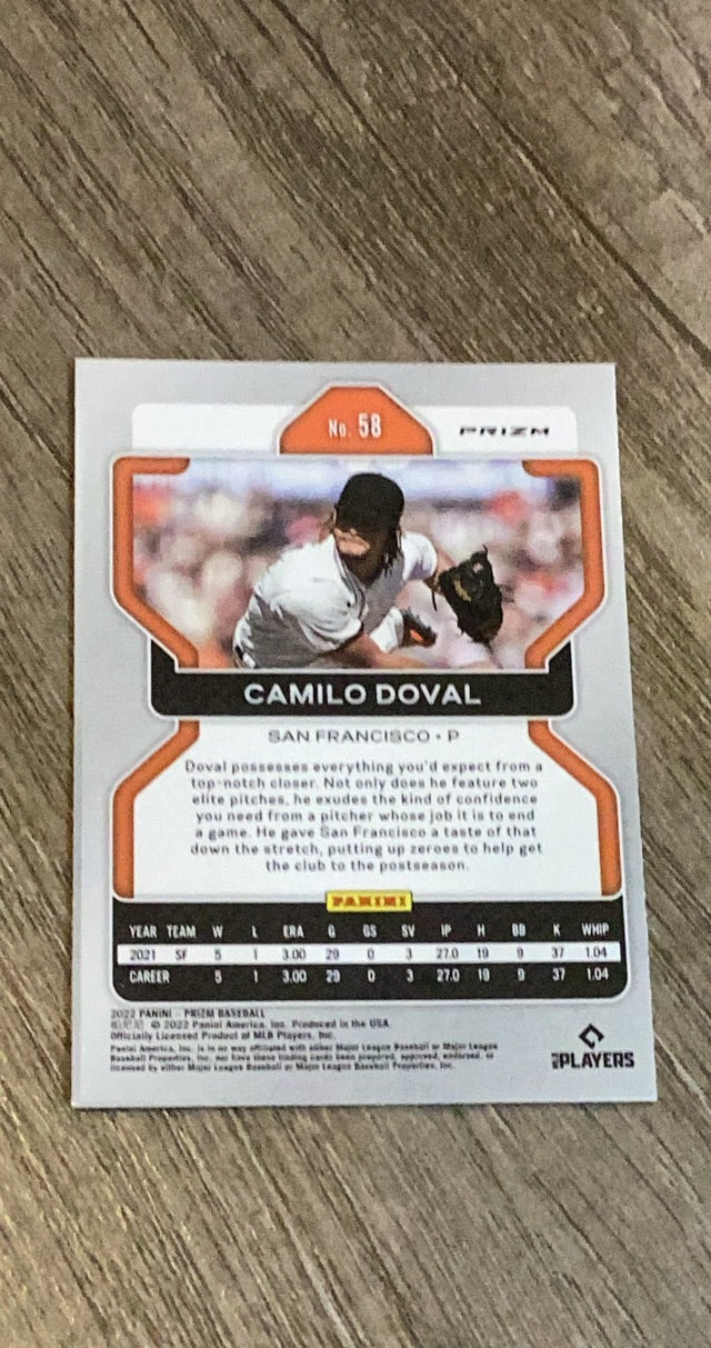 Camilo Doval 2022 Panini Prizm Red/White/Blue Prizm 58 trading card image rear