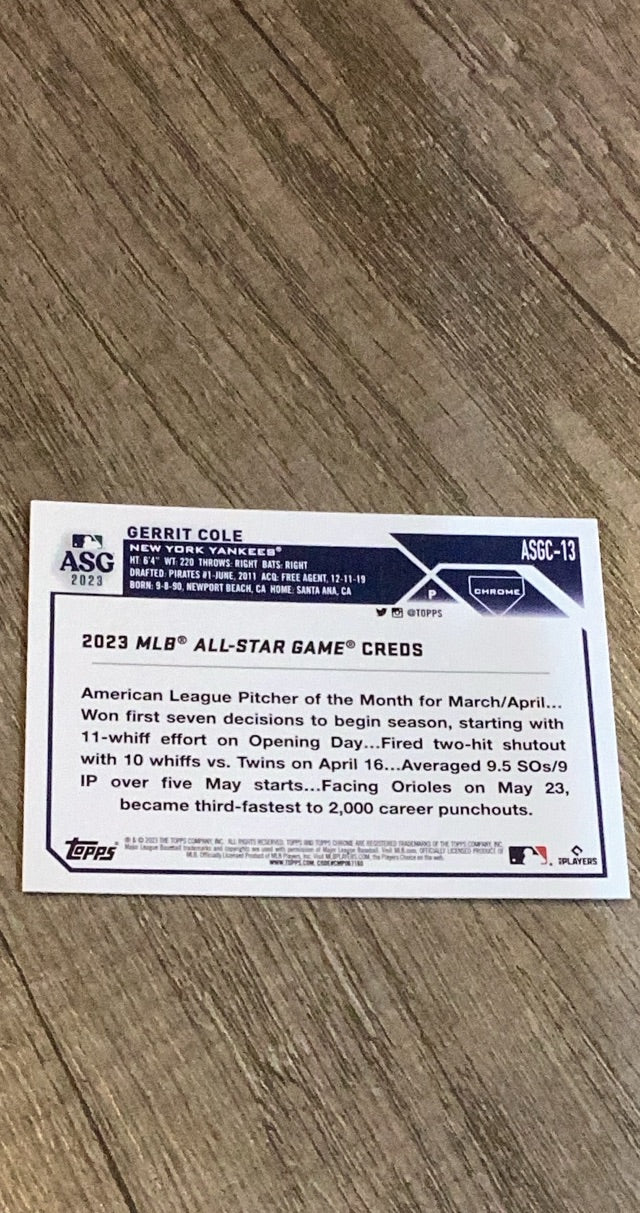 Gerrit Cole 2023 Topps Chrome Update 2023 All-Star Game ASGC-13 trading card image rear