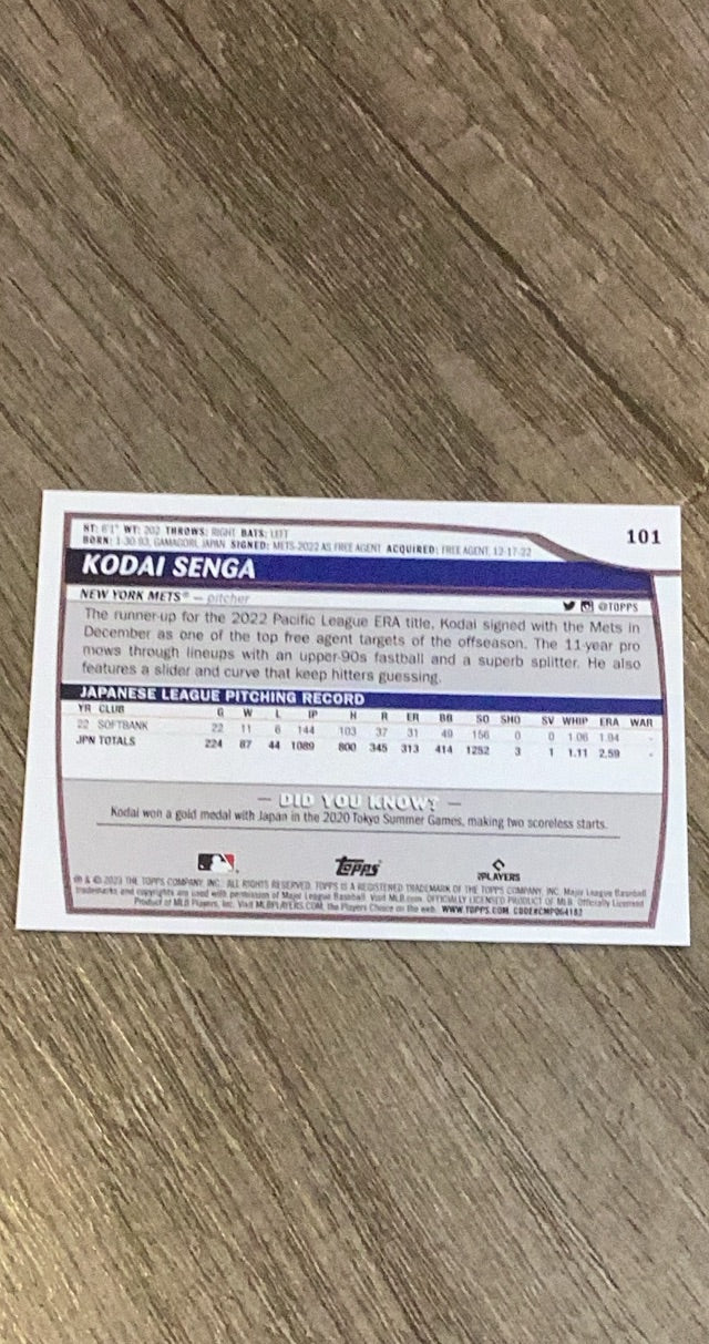 Kodai Senga 2023 Topps Big League 101 trading card image rear